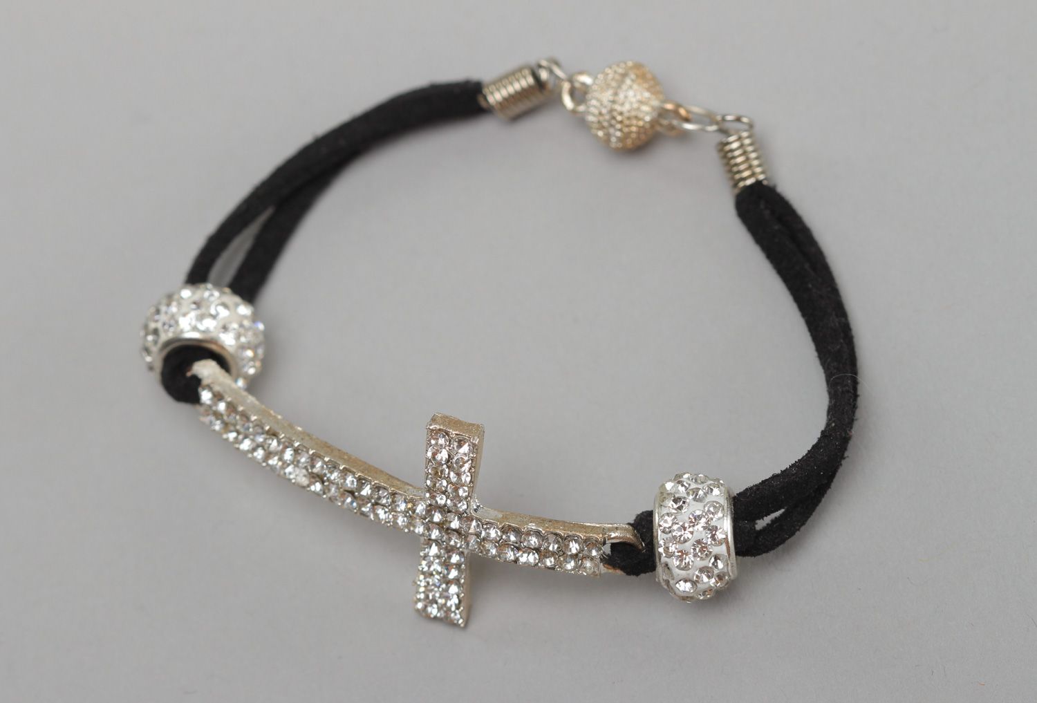 Black handmade artificial suede wrist bracelet with cross charm and strasses for girls photo 2