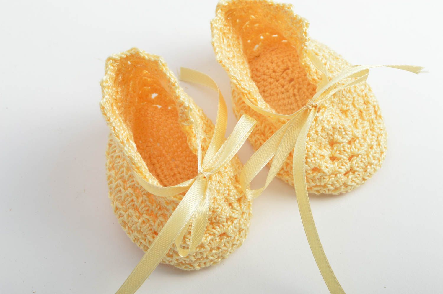 Yellow cute crocheted baby booties with bows made of cotton for little girls photo 3