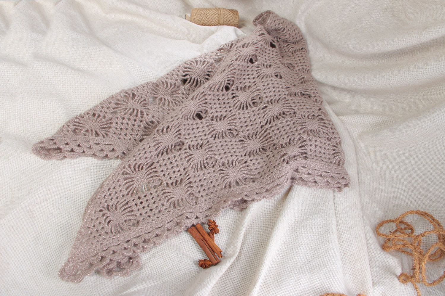 Small handmade warm lacy shawl crochet of wool and mohair of gray color photo 1