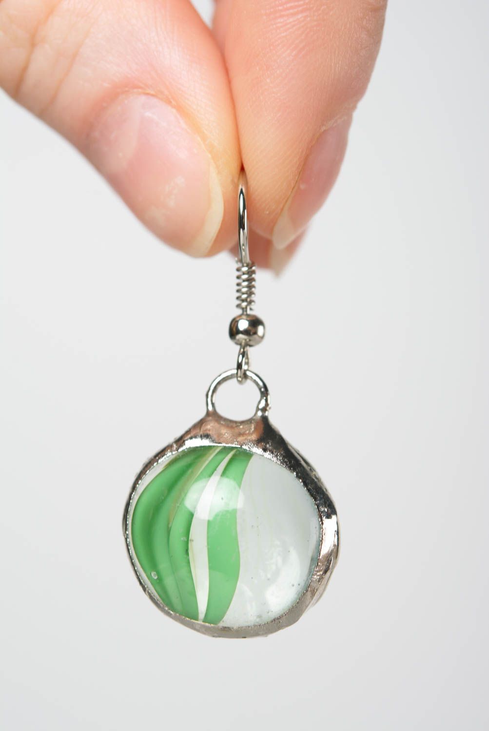 Handmade small round metal and glass dangling earrings green designer photo 5