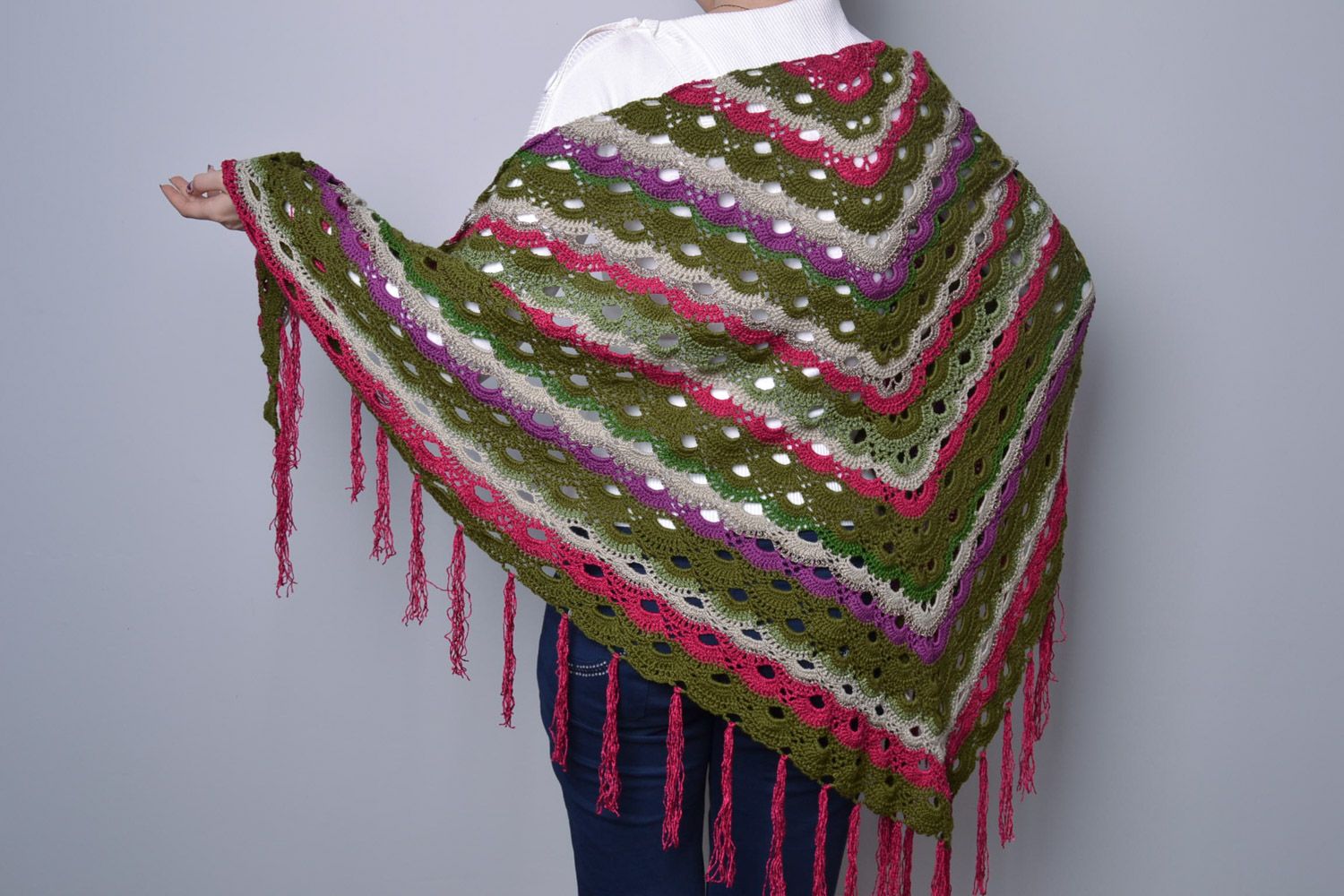Handmade bright women's shawl crocheted of semi-woolen threads with fringe  photo 5