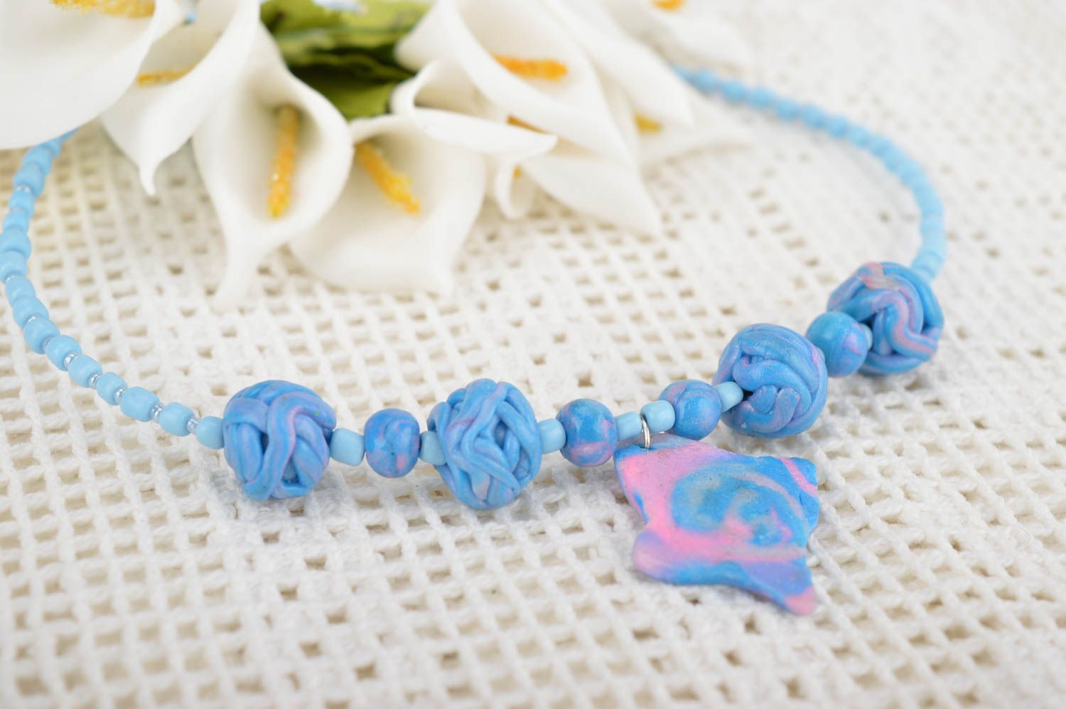 Polymer clay necklace handmade accessories blue fashionable jewelry vintage photo 1
