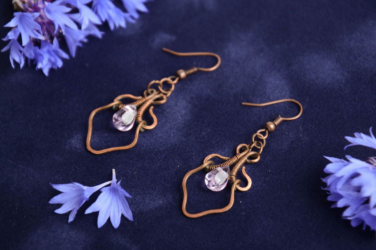 Beautiful unusual handmade long wire wrapped copper earrings with white crystal photo 1