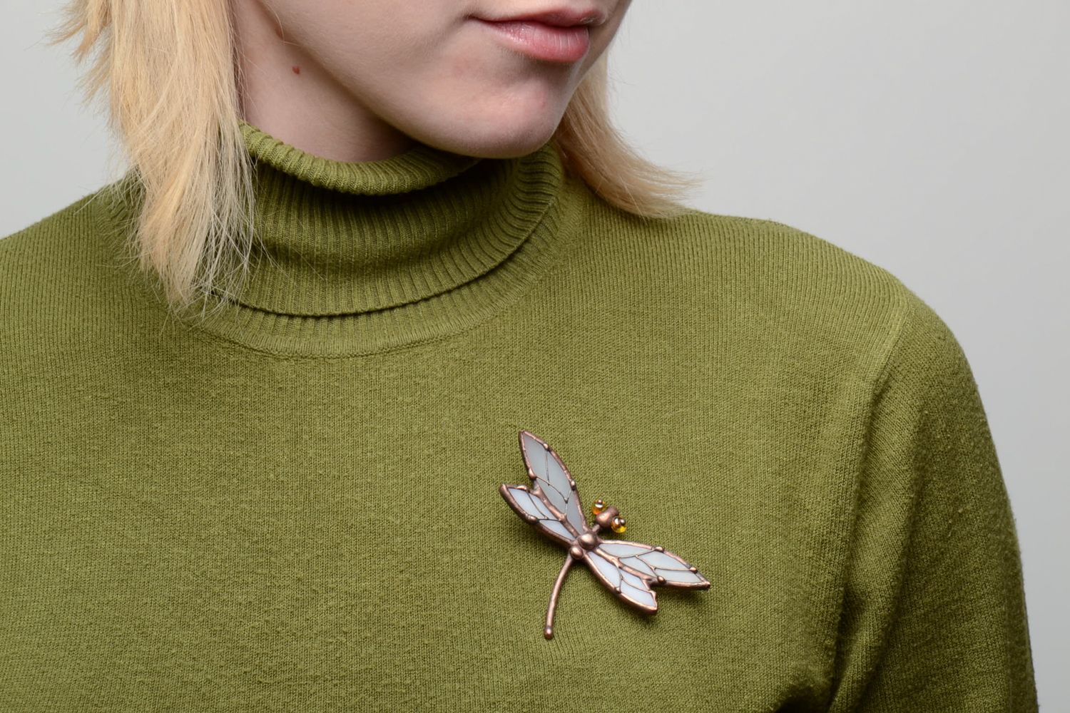 Stained glass brooch in the shape of white dragonfly photo 5