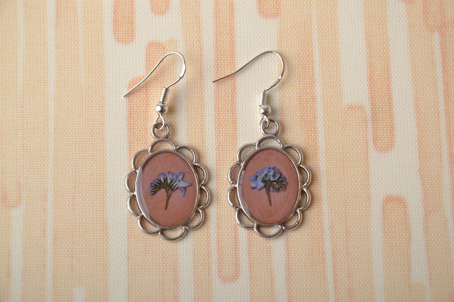 Tender earrings with natural flowers and epoxy resin photo 1