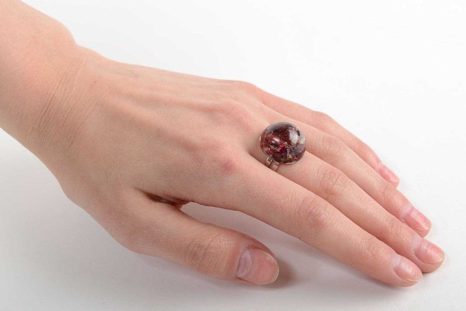 Tender round handmade ring with natural flowers in epoxy resin for romantic girls photo 2
