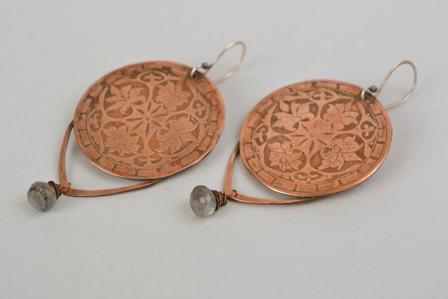 Handmade round copper earrings with ornaments photo 5