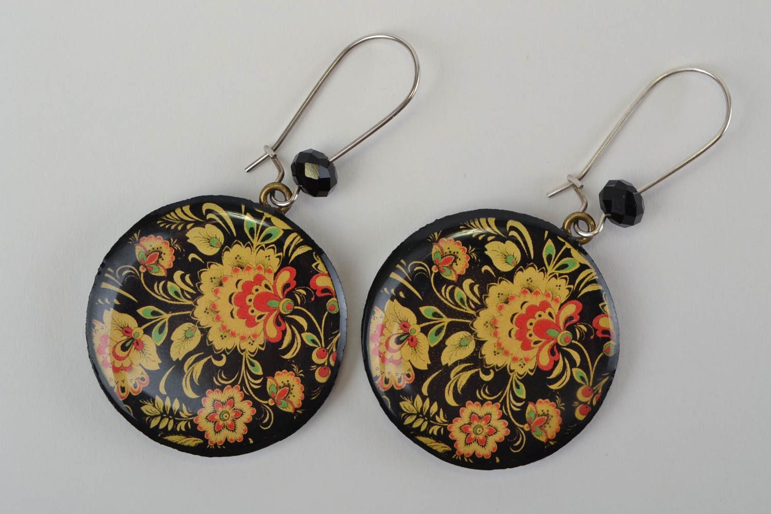 Black and yellow handmade designer polymer clay earrings with decoupage photo 3