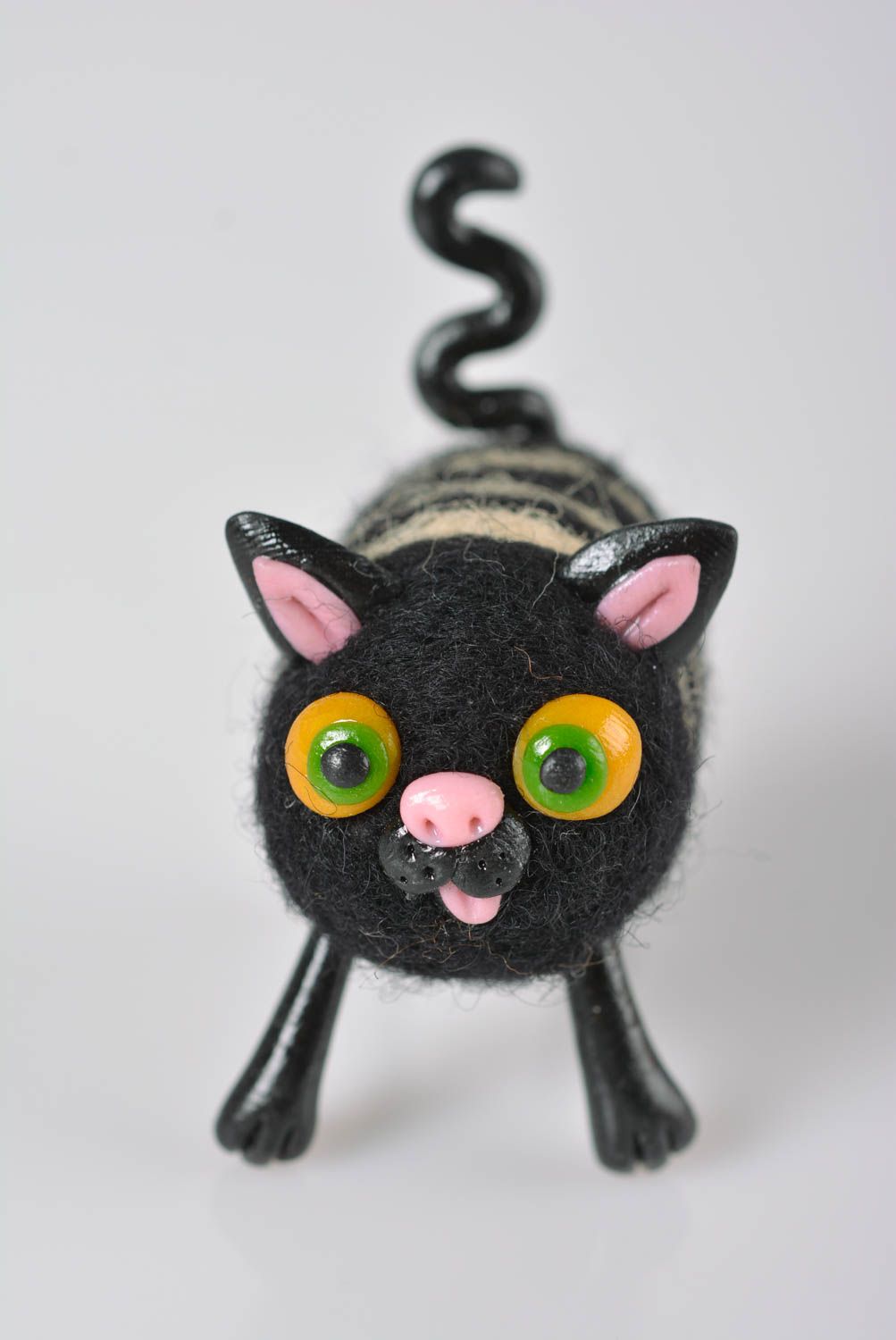 Woolen handmade toy stylish unusual statuette plastic figurine black cat photo 5