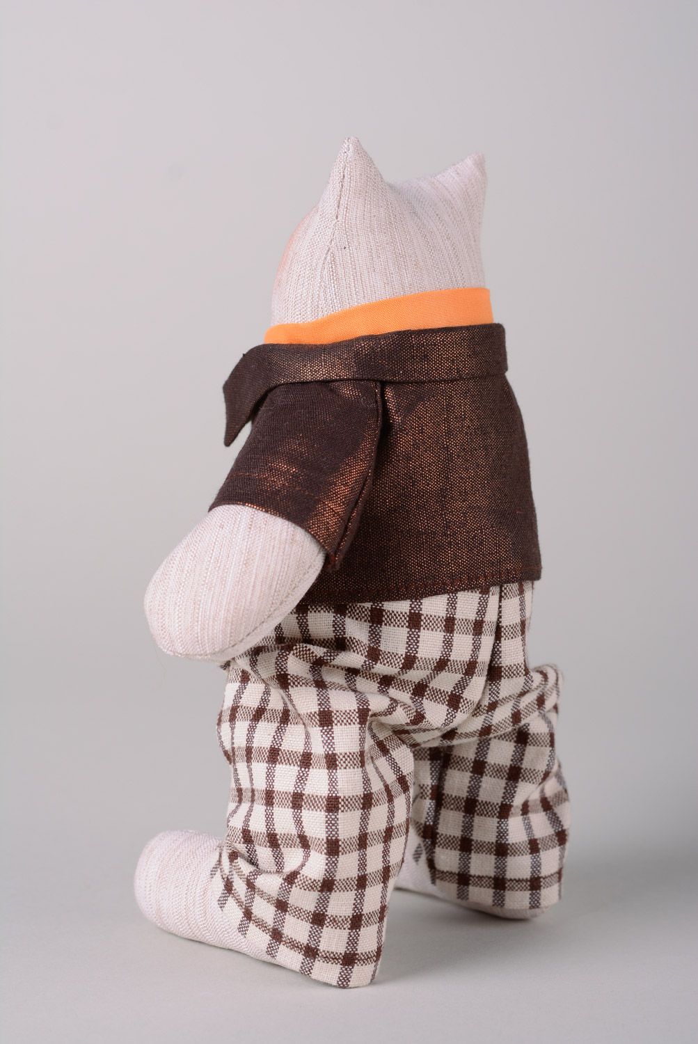 Handmade soft toy sewn of cotton and linen Cat in jacket and checkered trousers photo 5