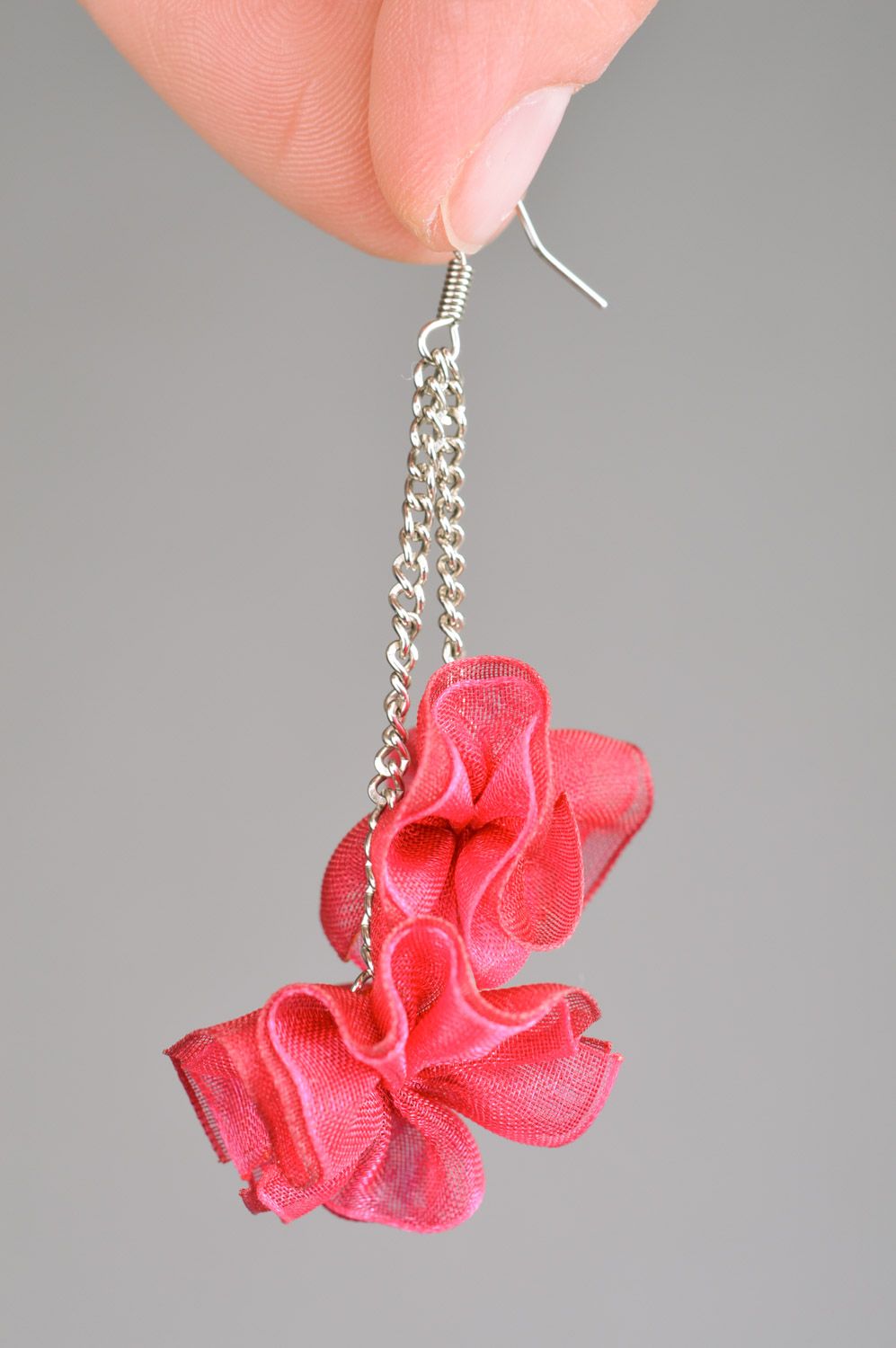 Handmade small cute deep red ribbon dangle earrings gift for girl photo 3