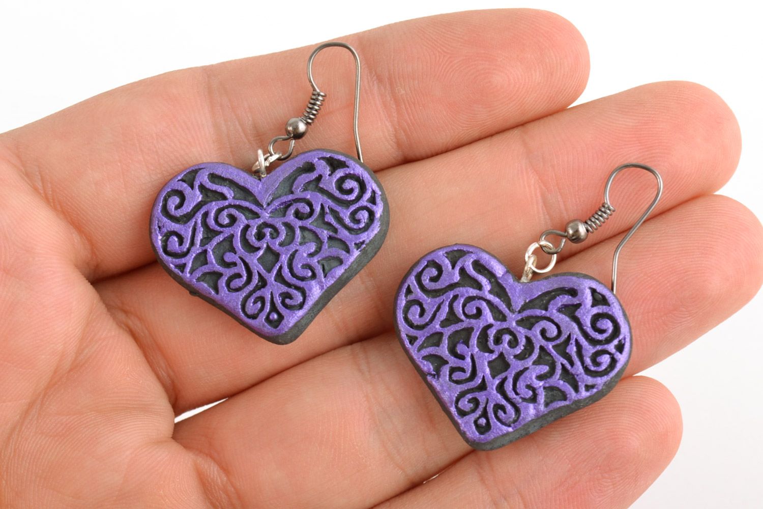 Black and violet handmade designer clay earrings with painting for women photo 2