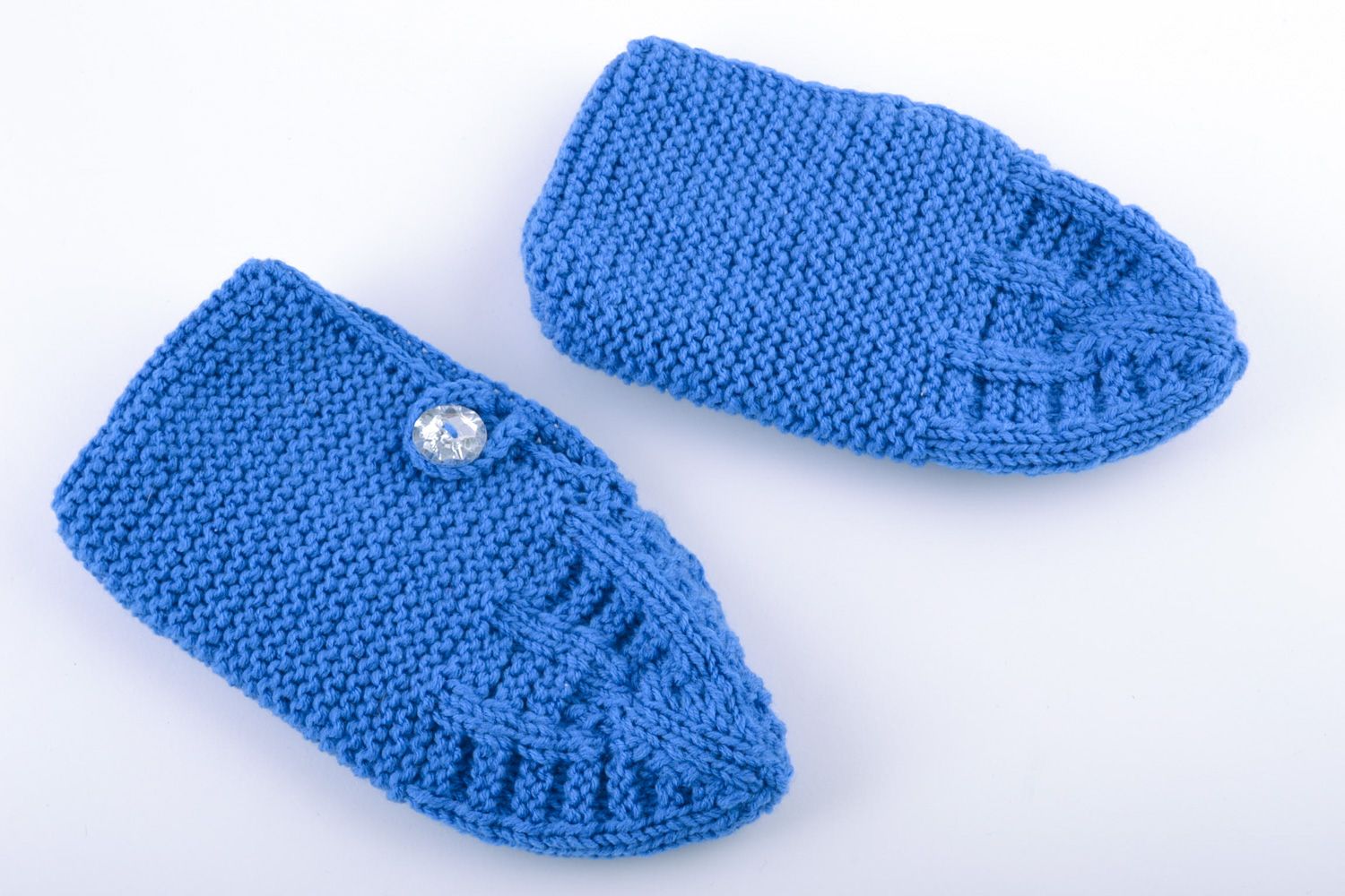 Beautiful warm handmade knitted half-woolen slippers of blue color photo 4