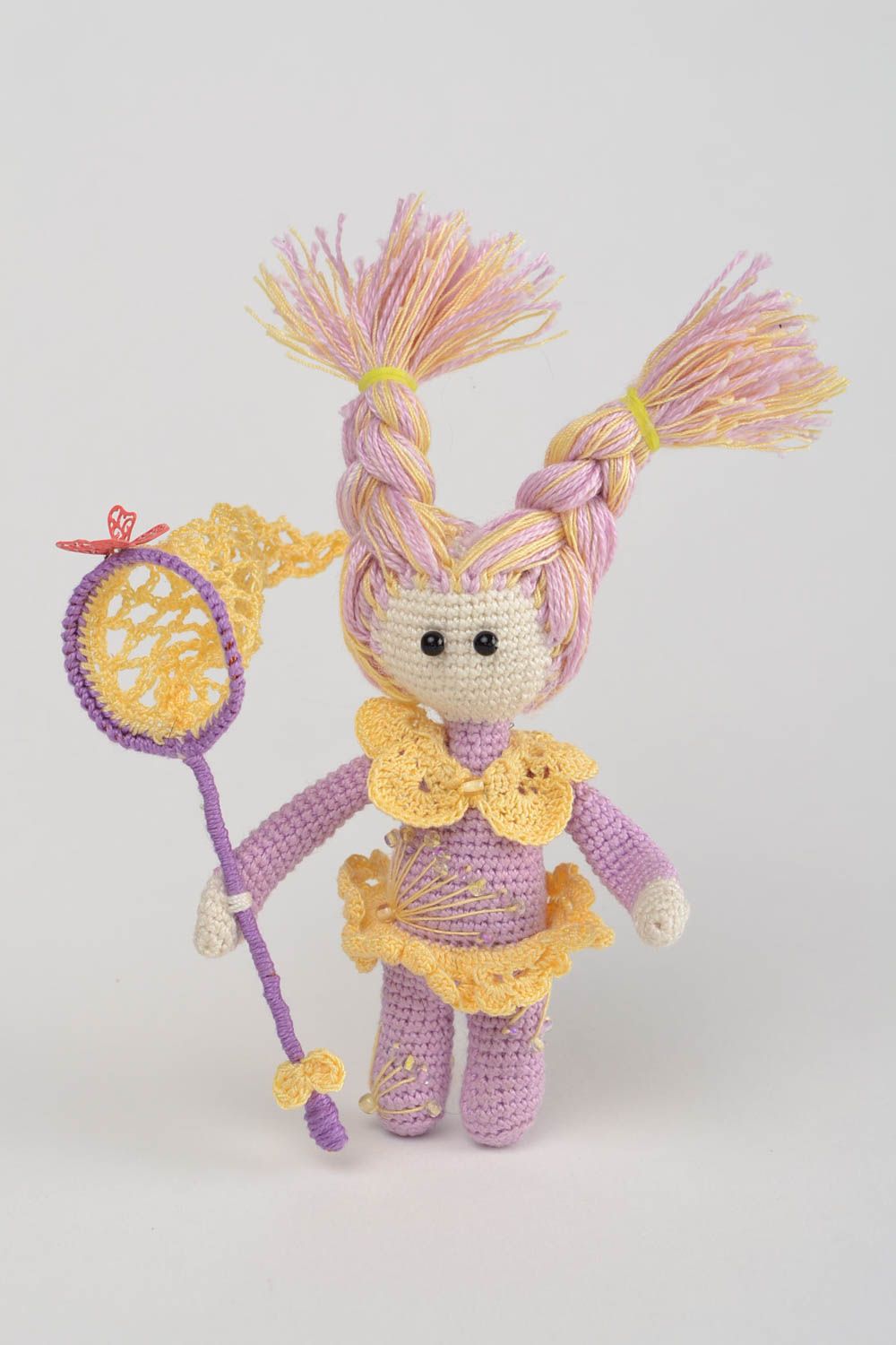 Handmade soft toy crocheted of cotton threads Girl Ellis with butterfly net photo 3