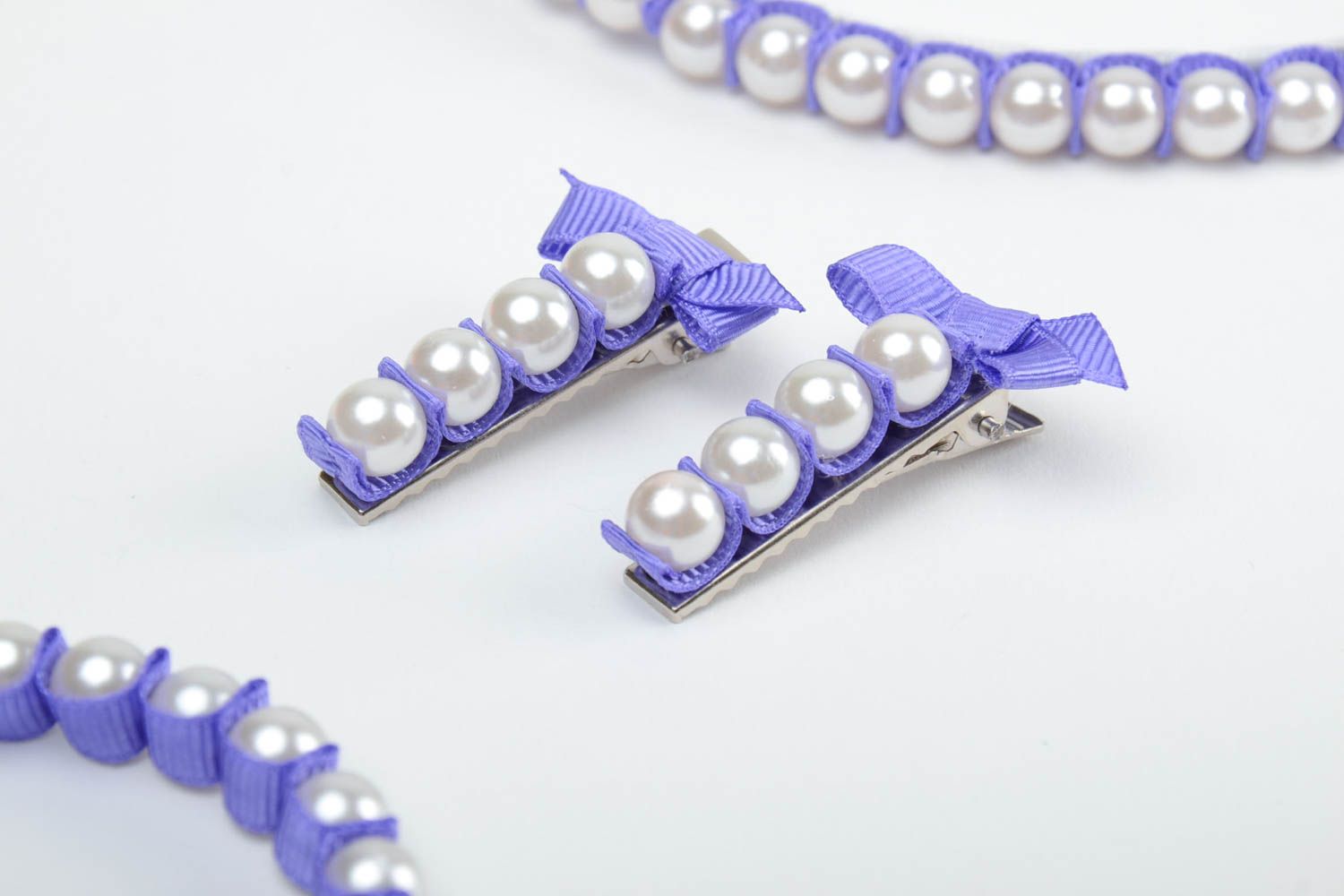 Set of 4 handmade light violet bead accessories headband bracelet and 2 hair clips photo 4