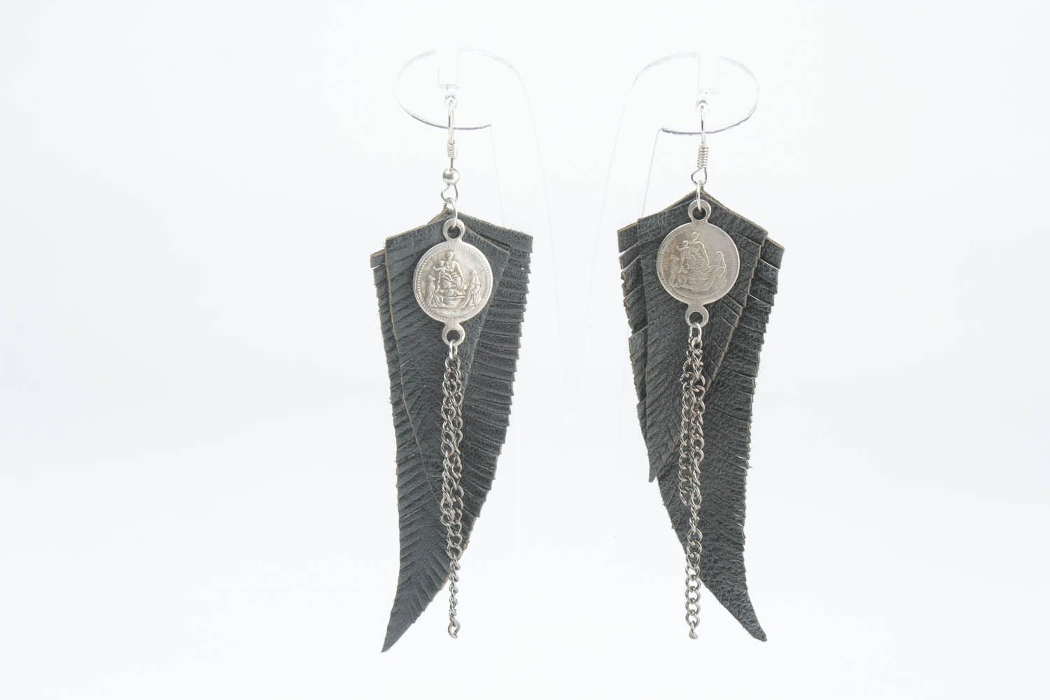 Black color leather earrings  photo 5