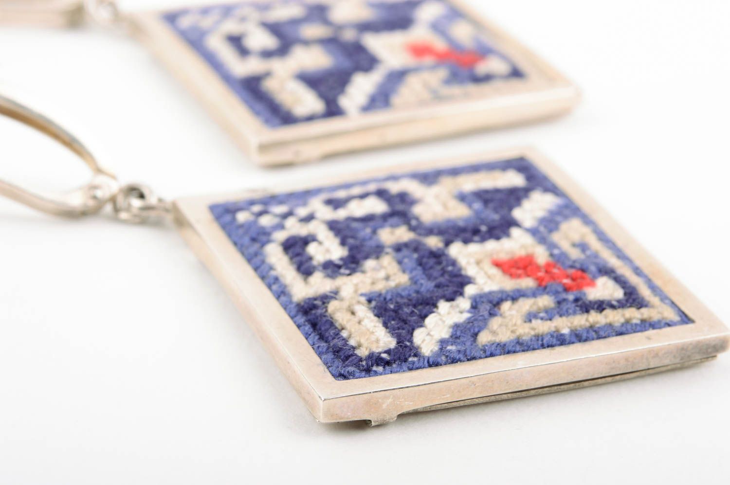 Handmade earrings with embroidery designer fabric accessories cross-stitch photo 5