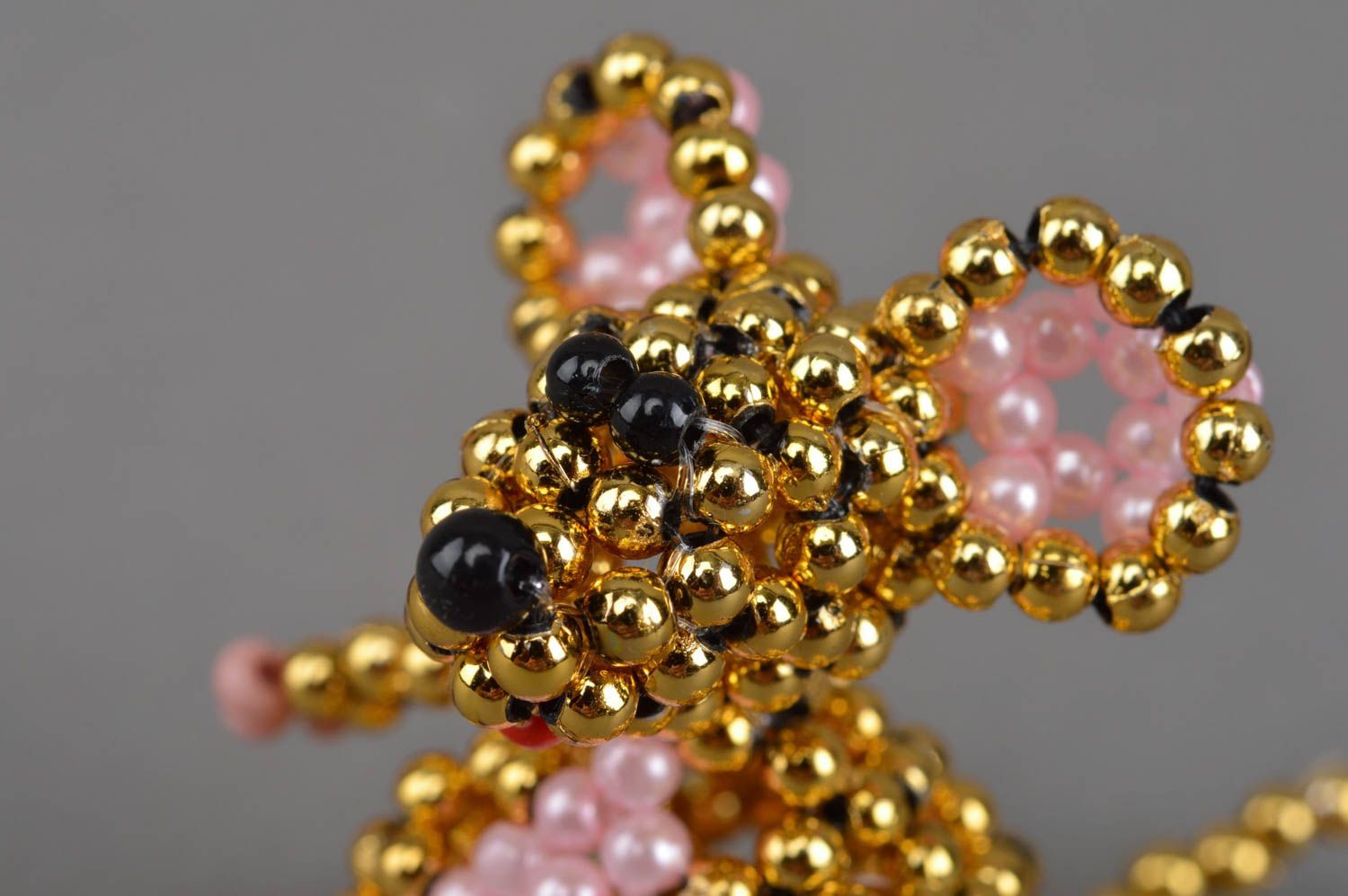 Handmade miniature collectible bead woven animal figurine of golden mouse photo 5