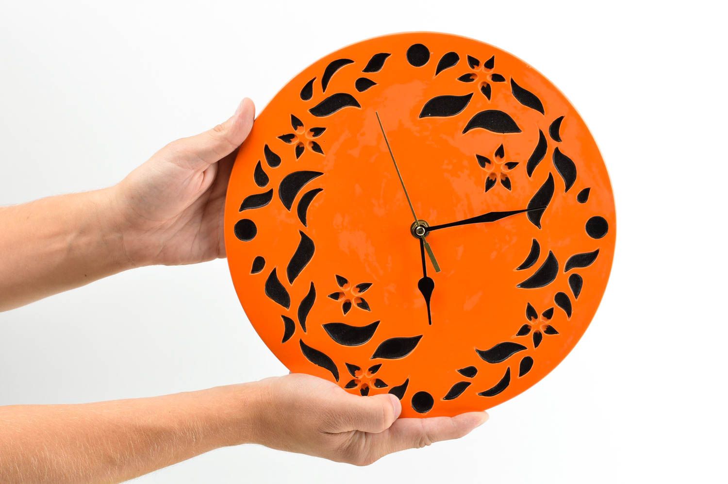 Кварцевые часы ручной работы декор для дома настенные часы из гипса оранжевые фото 3