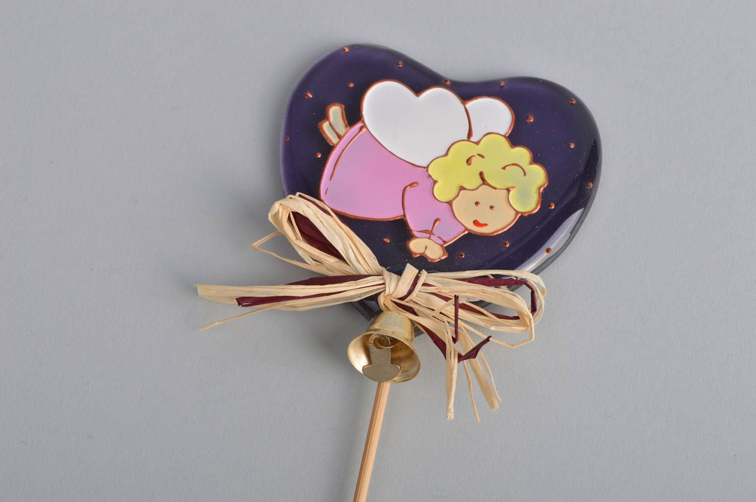 Handmade colorful heart on stick decorated with paints with bell  photo 2