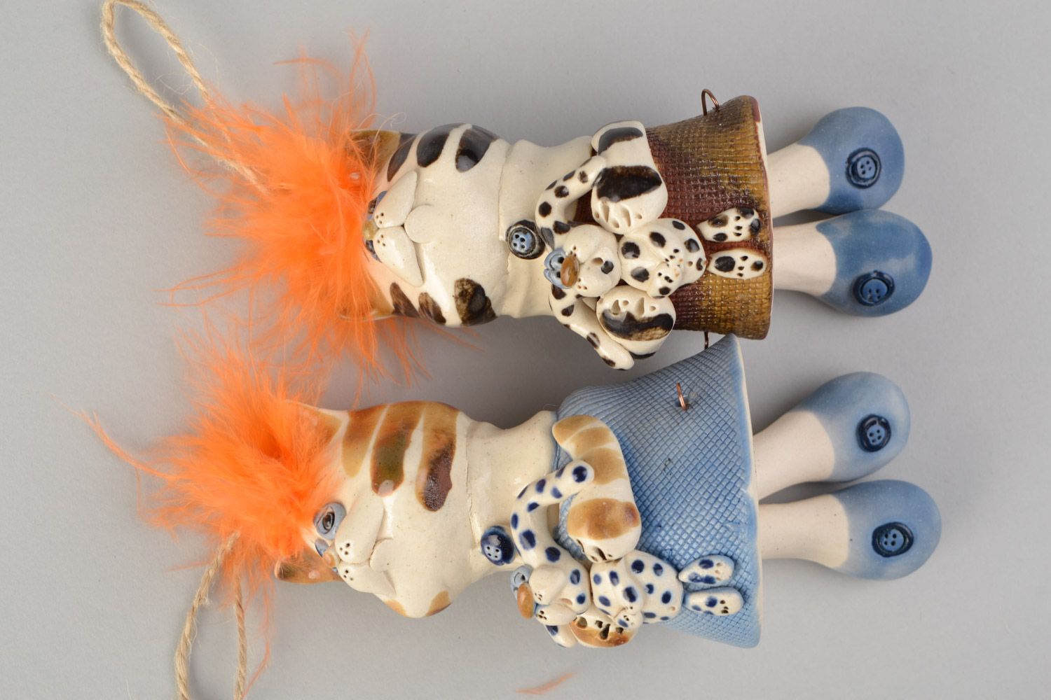 Глиняные колокольчики в виде котиков 2 штуки с росписью глазурью ручной работы фото 3