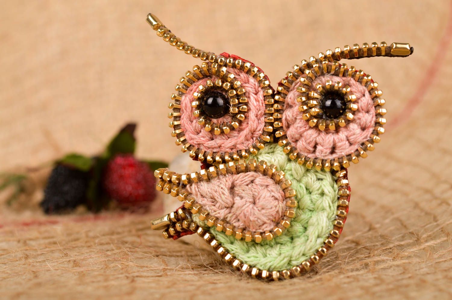 Handmade brooch owl designer accessory textile zipper brooch gift idea photo 1