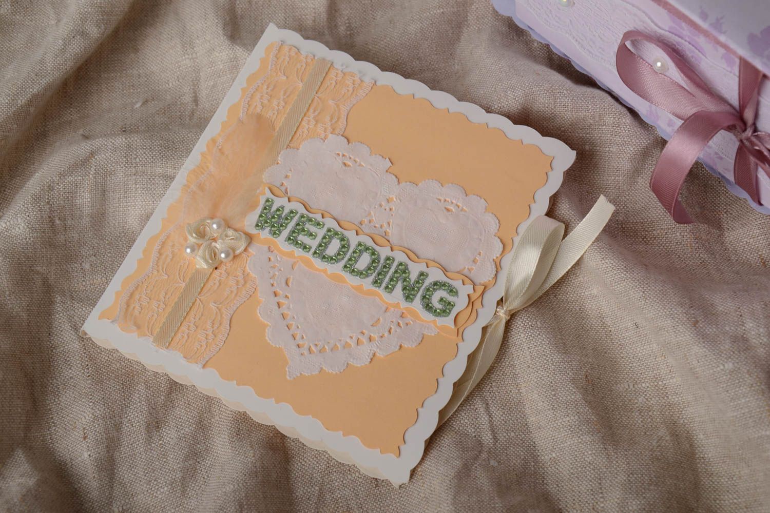 Pochette en carton pour disques vidéo de mariage faite main avec noeud en ruban photo 1