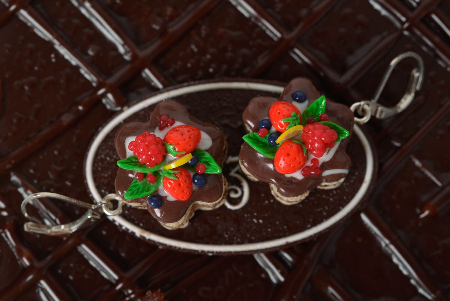 Bright handmade designer polymer clay earrings in the shape of cakes photo 3