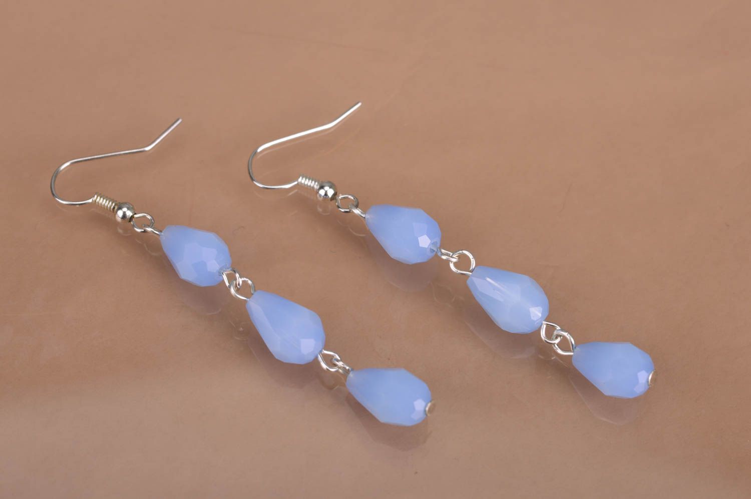 Designer handmade long dangle earrings with crystals in blue color palette photo 2