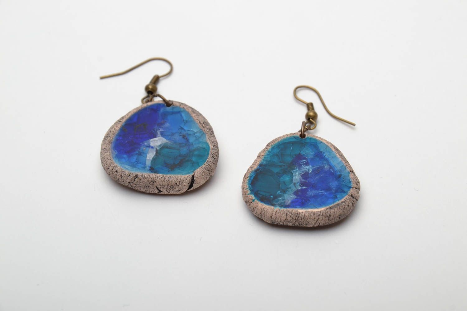 Ceramic earrings with colorful glass Blue photo 2
