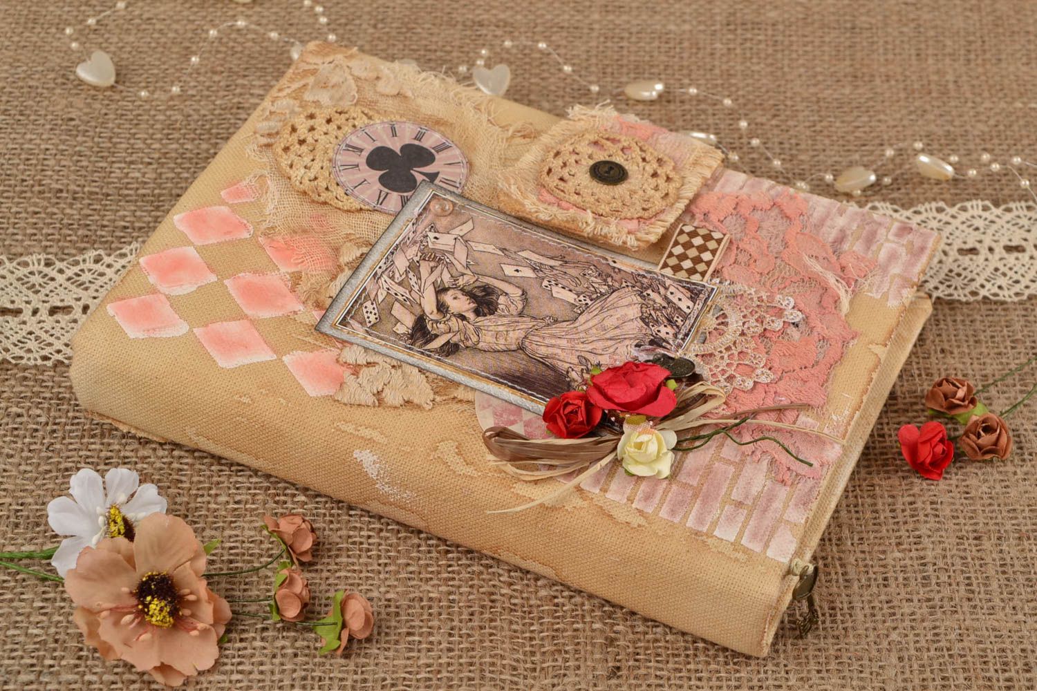 Handmade designer notebook with fabric cover in vintage style scrapbooking photo 1