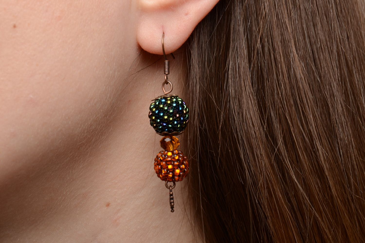 Handmade festive dangle earrings woven of Czech beads with bronze ear wires photo 1