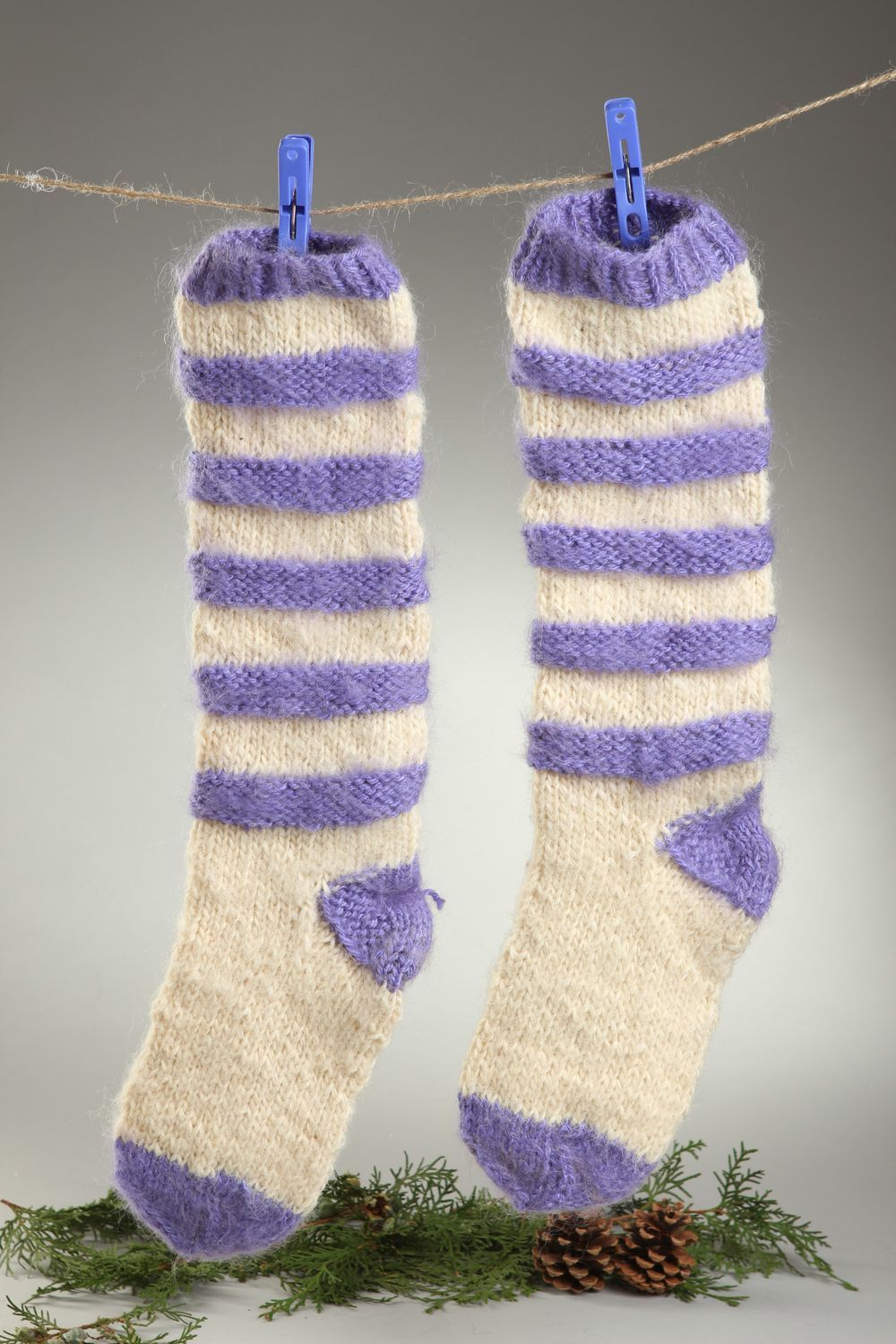 Высокие носки ручной работы шерстяные носки гольфы женские носки полосатые фото 1