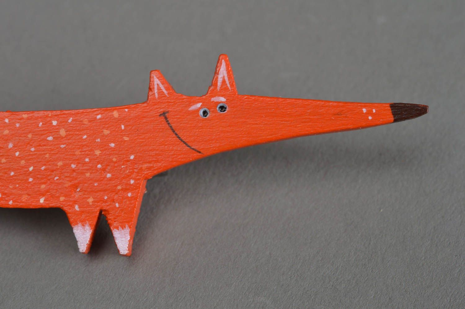 Handmade designer painted plywood funny animal brooch orange fox with white dots photo 2