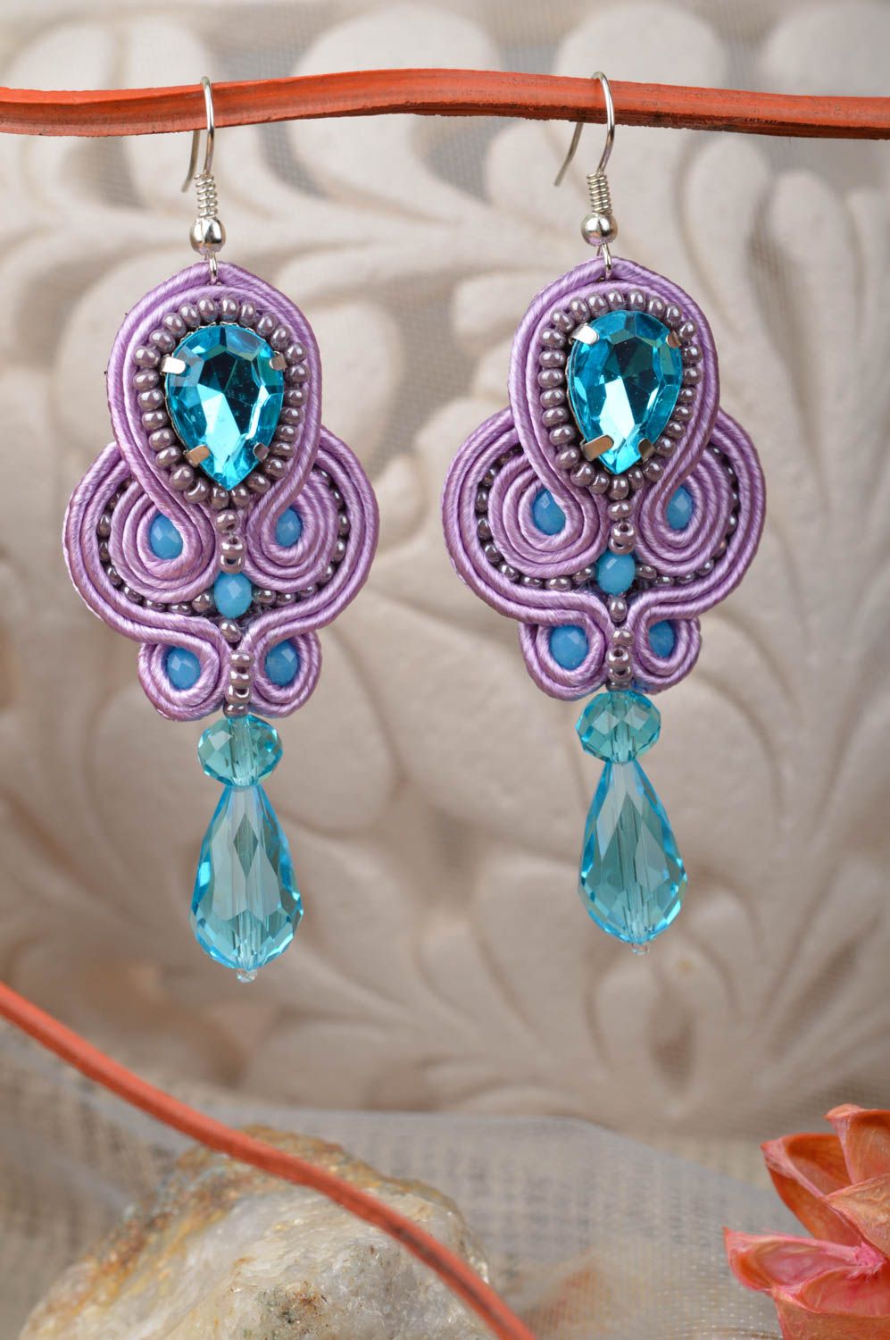 Beautiful homemade lilac and blue dangle earrings with Czech beads soutache  photo 1