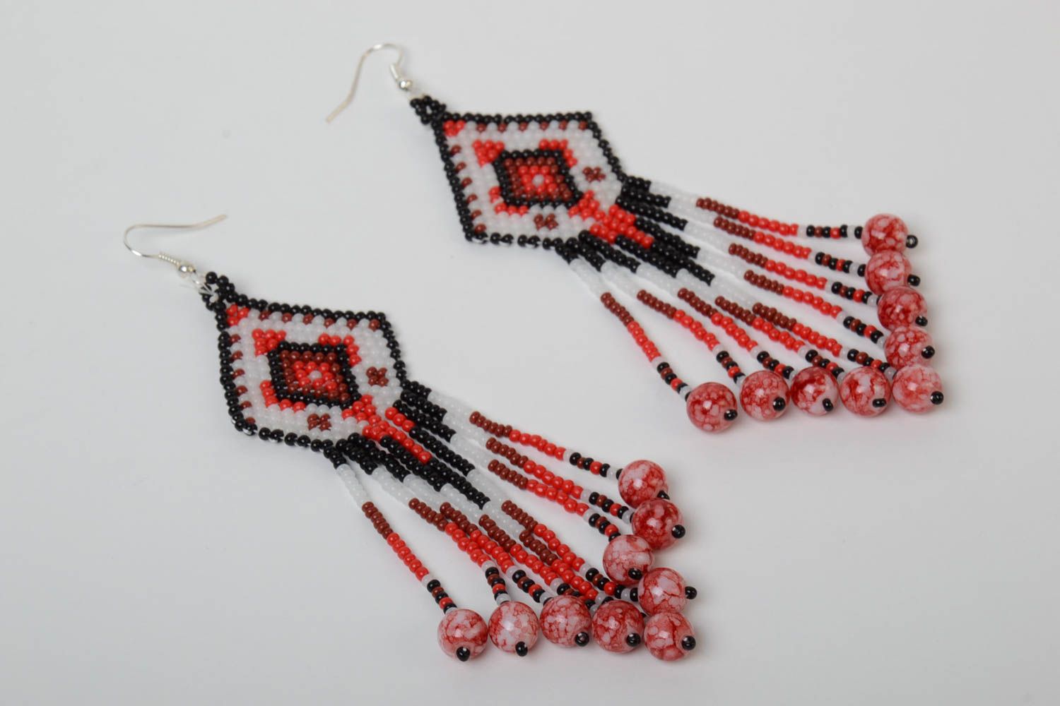Ethnic handmade designer long earrings with fringe woven of Czech beads photo 2