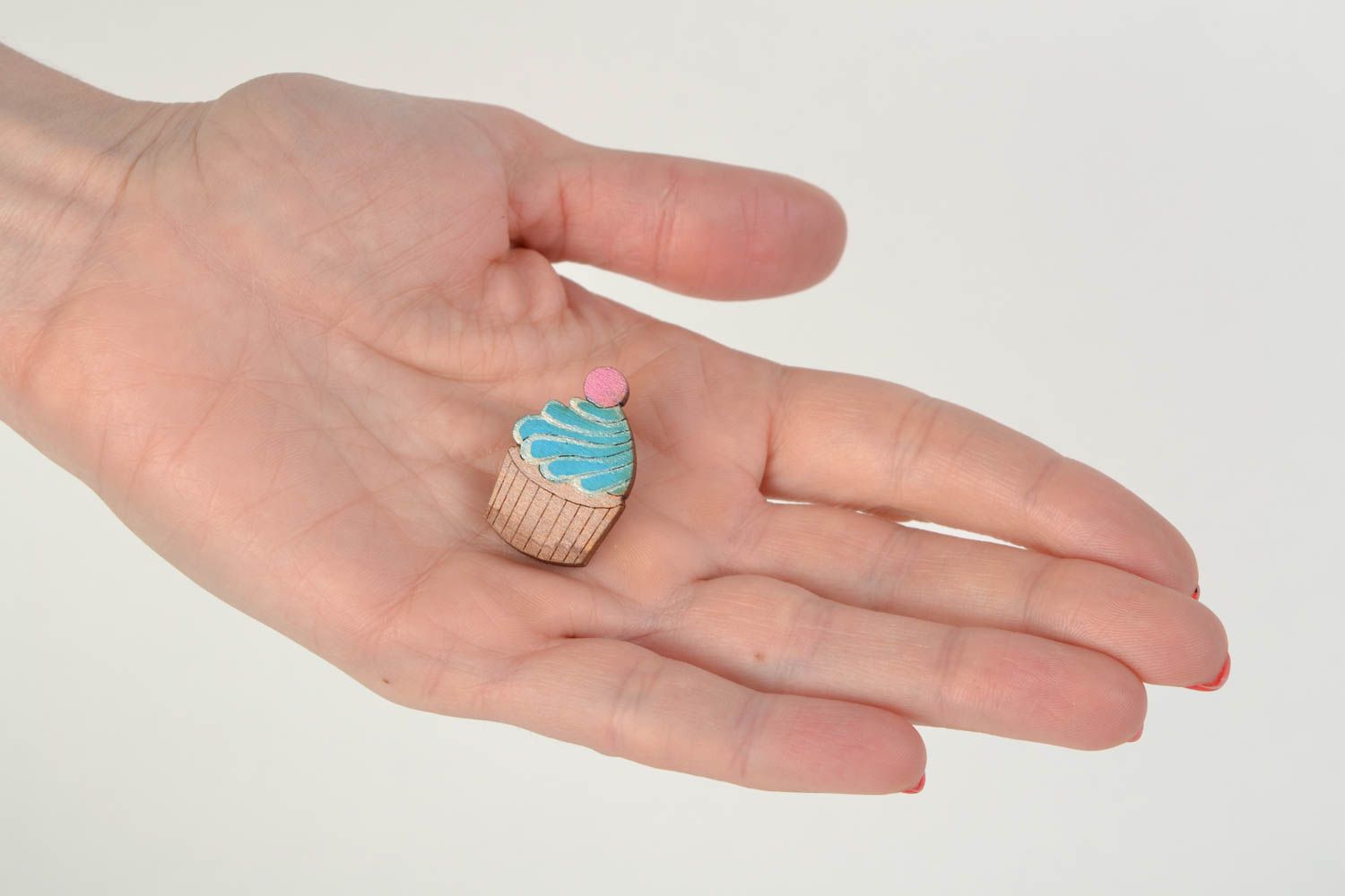 Handmade small wooden brooch painted with acrylics in the shape of cake for kids photo 2