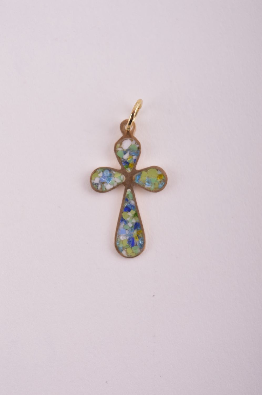 Крестик с камнями handmade подвеска на шею украшение из латуни на подарок фото 2