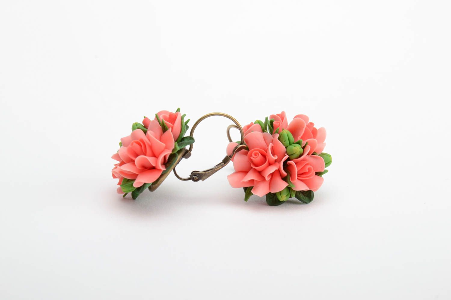 Handmade designer festive earrings with pink polymer clay floral balls photo 4