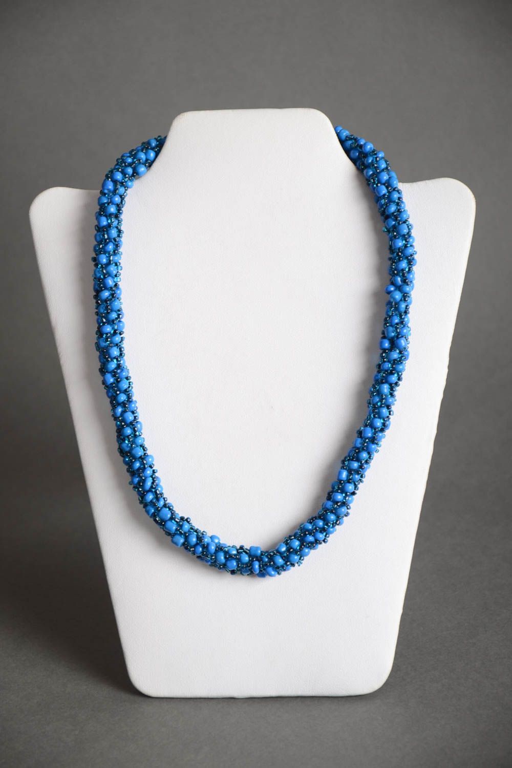 Handmade thin long blue necklace crocheted of beads of laconic design for women photo 2