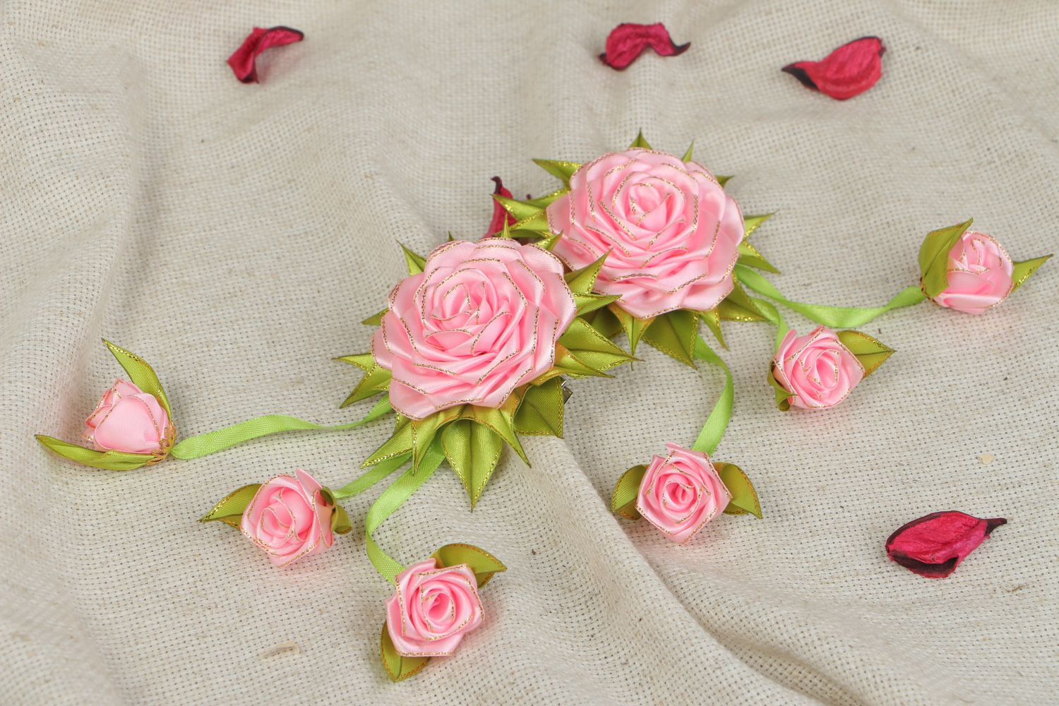 Barrettes faites main originales en satin en forme de fleurs roses 2 pièces photo 5
