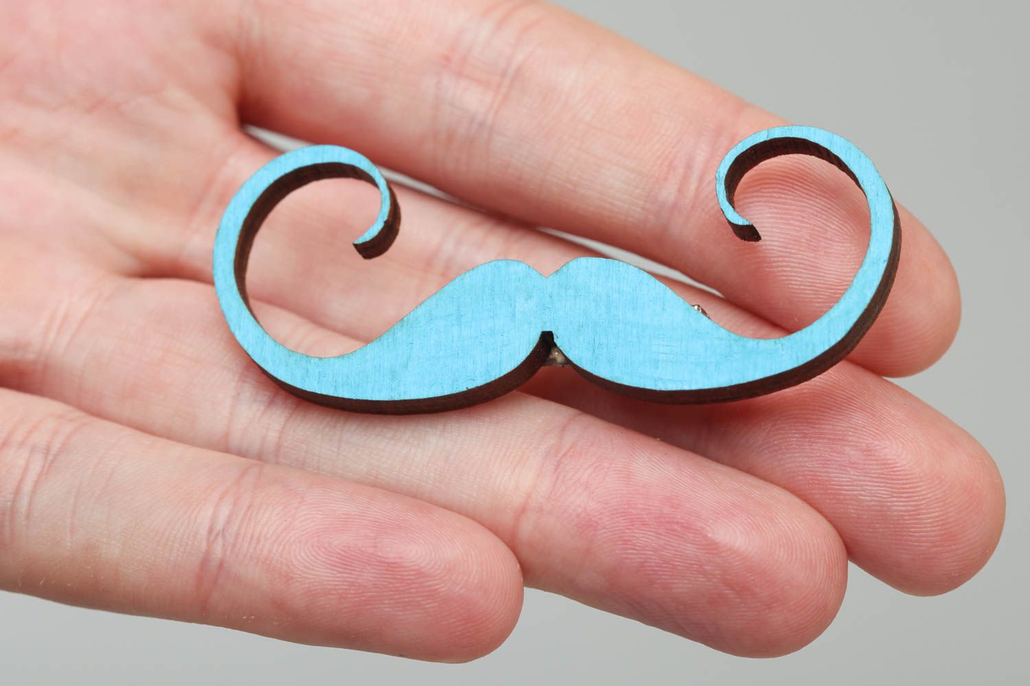 Blue plywood brooch painted with acrylics in the form of mustache hand made photo 5