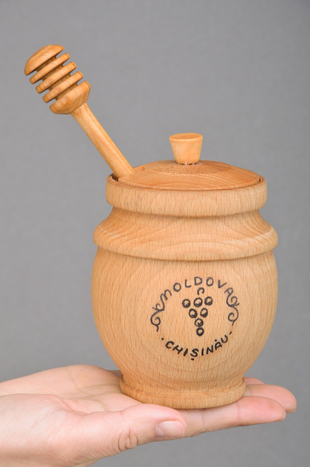Beautiful convenient handmade carved wooden honey pot with spoon photo 3