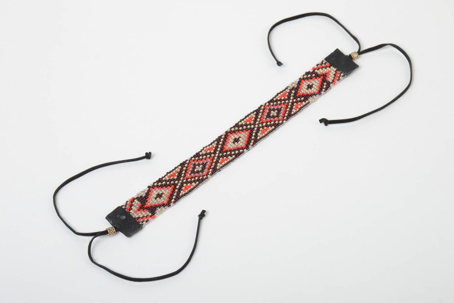 Dark handmade designer beaded wide bracelet with ornament in ethnic style photo 5