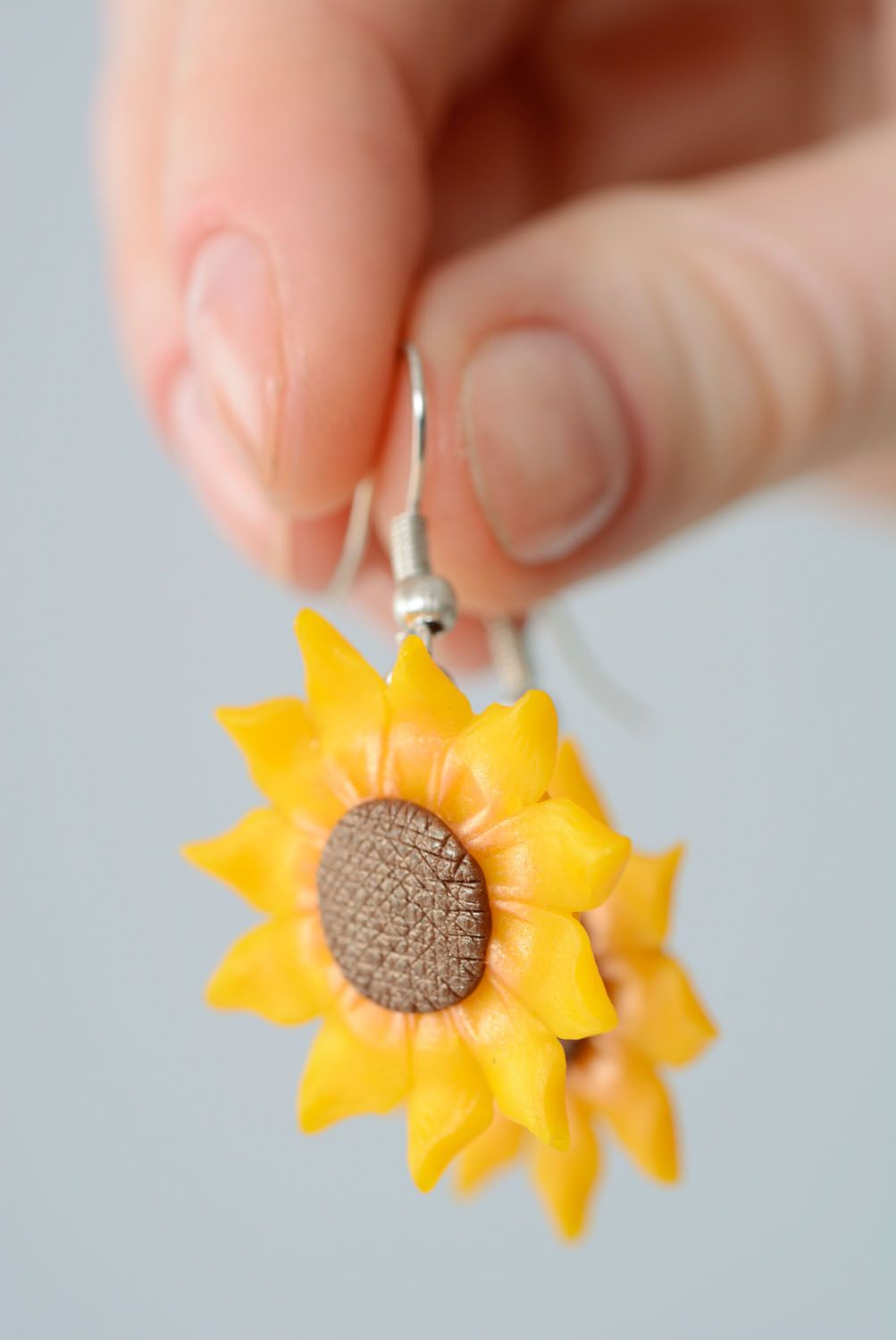Earrings made of polymer clay Sunflowers photo 3