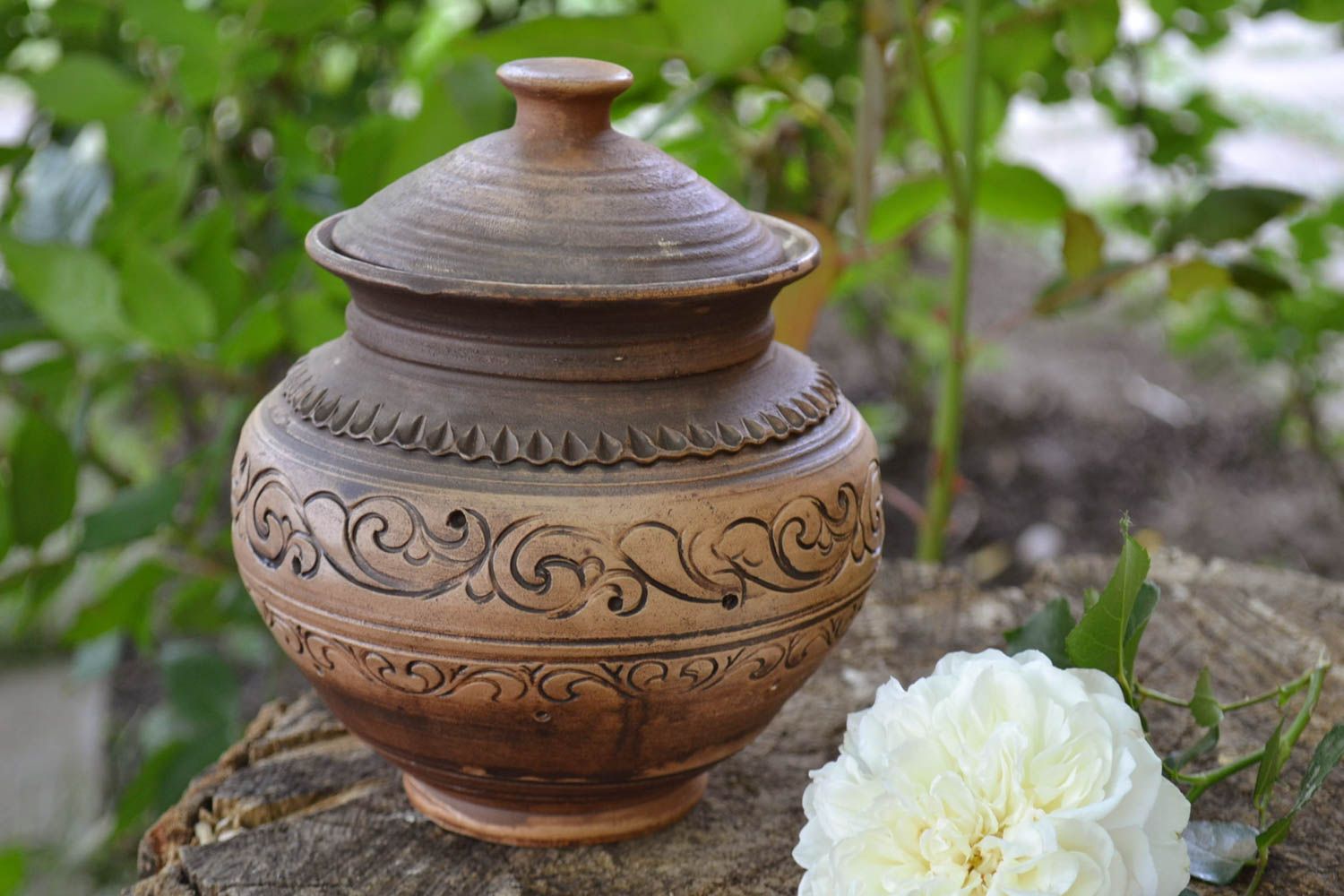 Designer ethnic ceramic pot with lid for baking handmade ornamented  photo 1