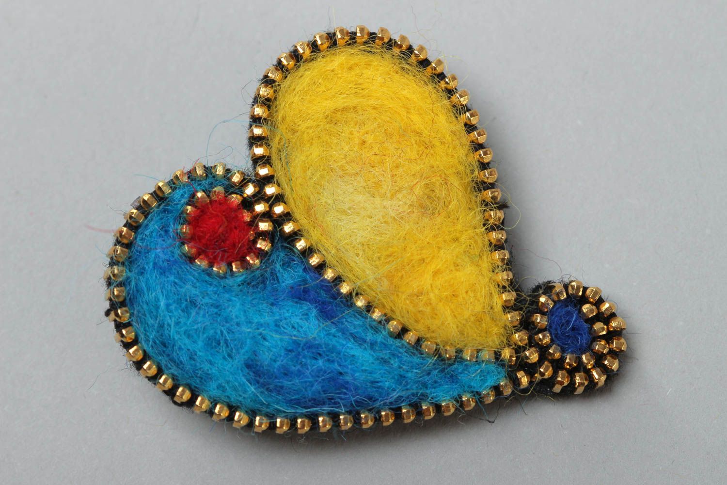 Yellow and blue handmade felted wool brooch in the shape of heart photo 2