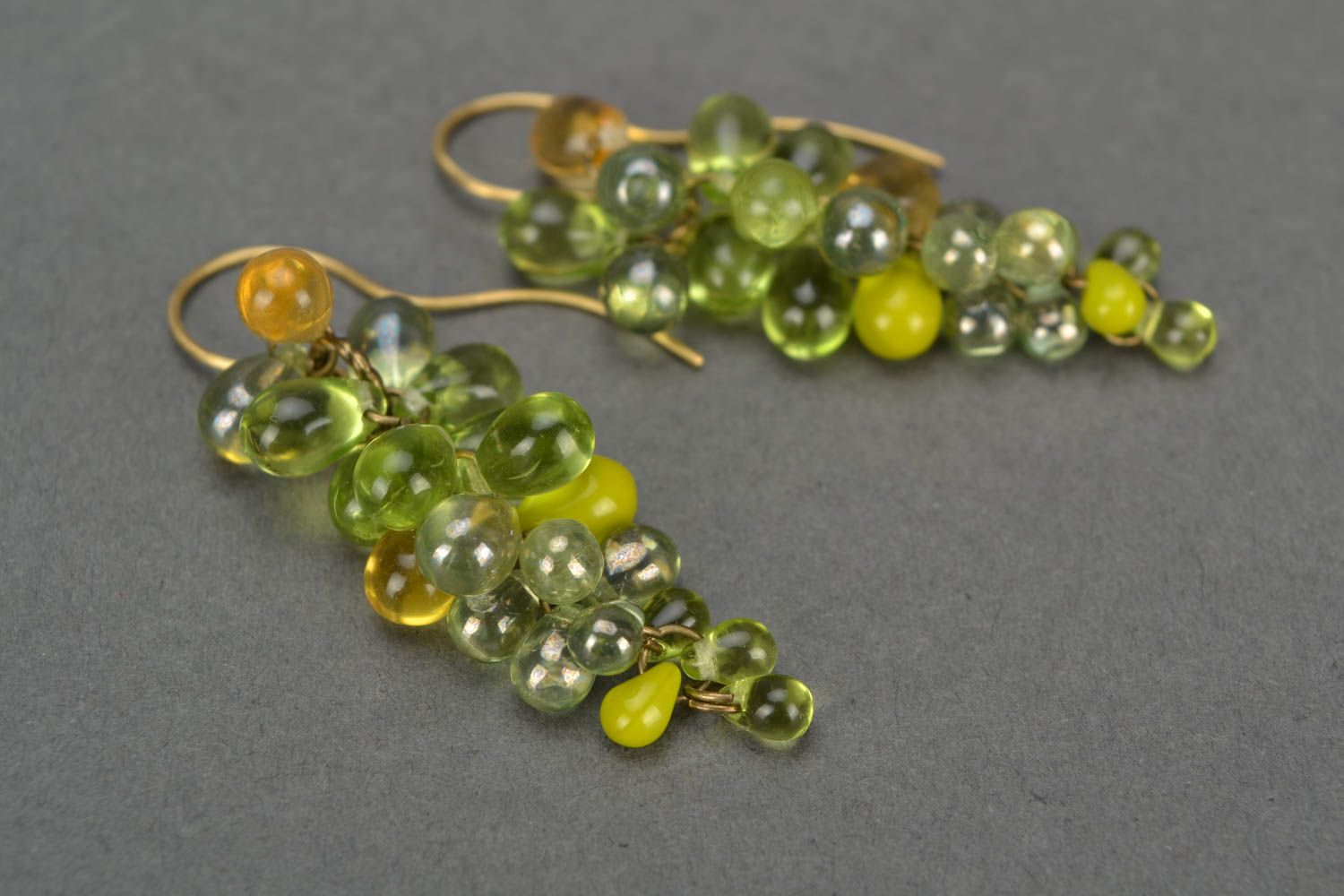 Handmade designer long glass bead earrings Green Grapes  photo 4
