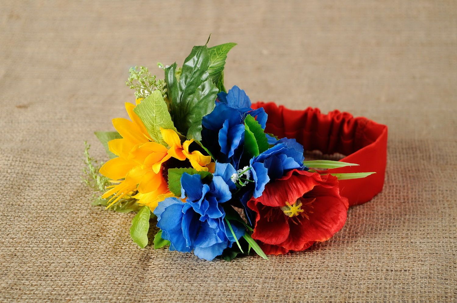 Wreath with artificial flowers on elastic band photo 3