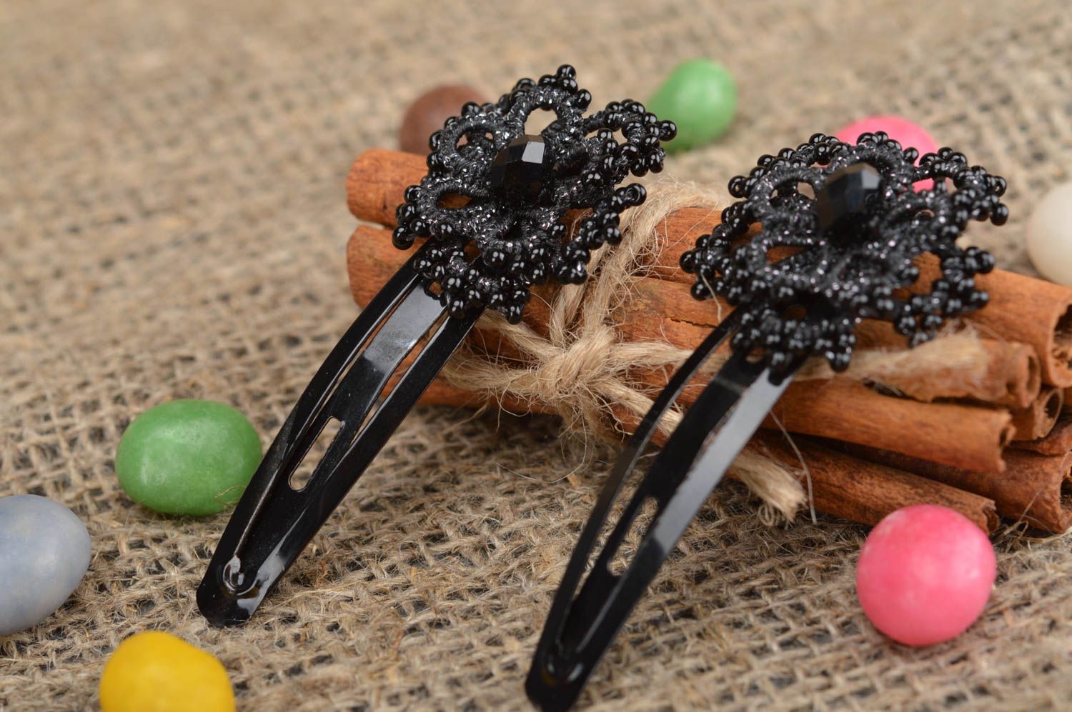 Handmade black hair clips made of satin threads using tatting technique 2 pieces photo 1